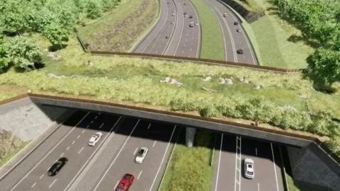 A graphic design of the proposed A417 missing link scheme. It shows a green wildlife corridor over a motoway. 