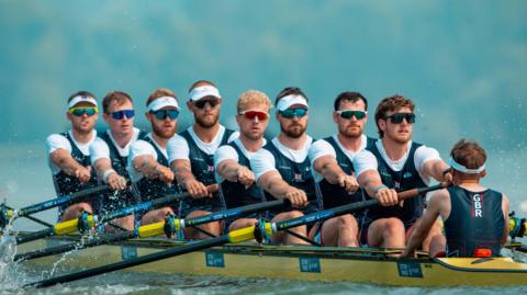 Great Britain's men's eight rowing at the Rowing World Cup in Italy