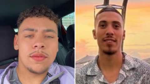 The image is a side‑by‑side composite of two photos. On the left, a young man is seated inside a car. The interior shows a dark seat, part of a headrest and a window. The man is wearing a light‑coloured top with a zip and appears to be sitting in the front seat. On the right, a young man is in front of a warm, orange‑coloured sky. He is wearing a patterned, short‑sleeved shirt. 