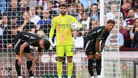 David Raya of Arsenal reacts during the Premier League match between Aston Villa FC and Arsenal FC at Villa Park