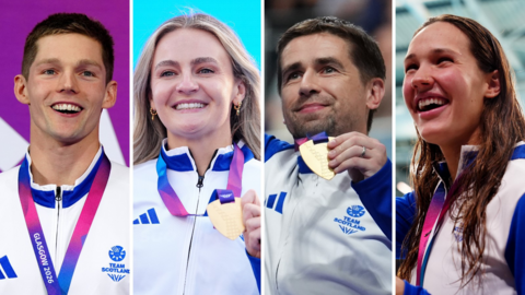Left to right split image showing Duncan Scott, Melanie Woods, Neil Fachie and Angharad Evans of Scotland all in Team Scotland tracksuits with their Commonwealth Gold medals around their necks