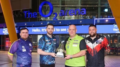 Luke Littler, Luke Humphries, Michael van Gerwen and Michael Smith before the Premier League Darts play-off night