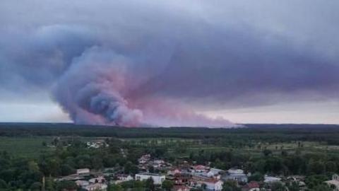 Smoke rising in the background during a wildfire in a forest area in France