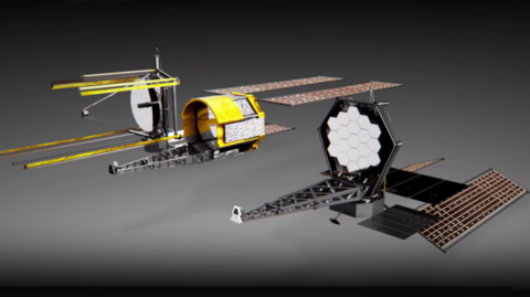 A CGI of the concept designs for the Habitable Worlds Observatory. The telescopes have large wing-like structures and solar panels.