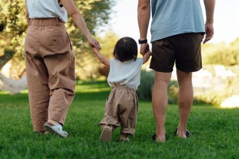 A young toddler is led away by his parents, who are holding each of his hands