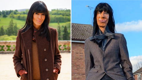An image composed of two portraits. On the left is Claudia Winkleman standing on a balcony with green hills behind her. On the right is an effigy of Claudia Winkleman sitting on a garden fence.
