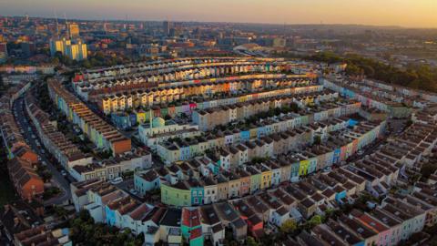 An aerial view of multi-coloured houses in Totterdown in Bristol