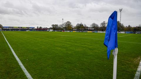 Wealdstone FC stadium Grosvenor Vale from pitch level.