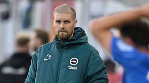 Brighton Head Coach Fabian Hurzeler looks on during the UEFA Conference League 2026/27 Play Off Round First Leg match between Tromso v Brighton & Hove Albion