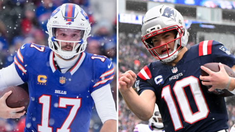 Buffalo Bills quarterback Josh Allen and New England Patriots quarterback Drake Maye running the football
