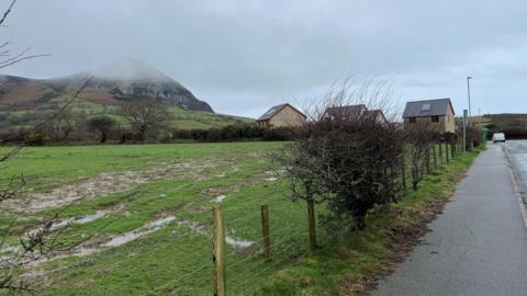 Llun o'r cae mae'r cais i ddatblygu 15 dai yn Nhrefor