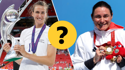 Jill Scott, former England Lioness, holding the Women's Euros 2022 trophy, alongside Dame Sarah Storey holding her gold medal at the Paris 2024 Summer Paralympic Games.