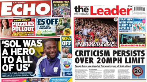 Front pages of South Wales Echo and Wrexham Leader