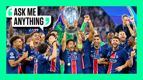 Paris St-Germain lifting the 2024-25 Champions League trophy with an Ask Me Anything border around them