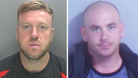 A custody photo of Josh Mallaburn (left) who has red hair and a neat beard and Liam Cronin (right) who has a shaved head and stubble