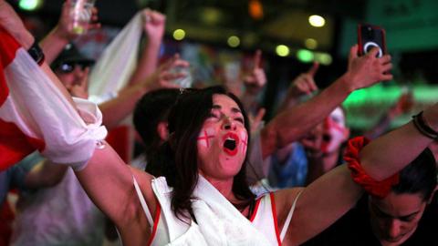 England fans attend a watch party at Boxpark Croydon for the FIFA World Cup 2026 Round of 16 match between Mexico and England 