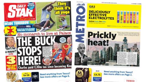 Newspaper headlines: 'The buck stops here' and 'Prickly heat!'