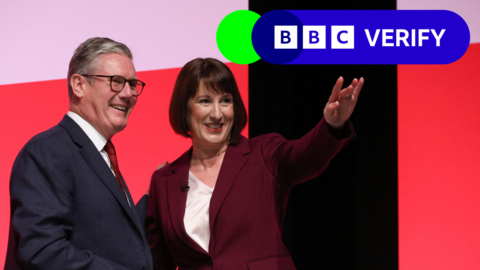 Keir Starmer and Rachel Reeves standing together on the stage at the Labour Party conference. Both are smiling. The prime minister has his hand on the chancellor's shoulder. Reeves is pointing with her left hand. The BBC Verify logo is in the top corner. 