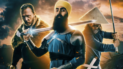 Three men's faces are facing the camera, with a prominent sky image including dark clouds in the background. The man in the middle is wearing a yellow turban and that man and the one on the right are holding swords. 