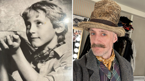 Two pictures of the same actor, Jamie Tyler. On the left he is nine years old, wearing a shirt and a scarf and holding up a food bowl. He has short hair. The picture on the right is him aged 45, wearing a hat, a waistcoat, a jacket and a neck scarf, dressed up for Oliver!