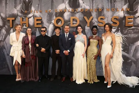 harlize Theron, Samantha Morton, John Leguizamo, Tom Holland, Matt Damon, Anne Hathaway, Lupita Nyong'o, and Zendaya attend the premiere of "The Odyssey"