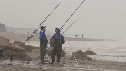 A group of people fish on a pebbled beach under an overcast sky. Two men in waders and hats stand near fishing rods planted in the sand, with more people fishing along the shore in the background.