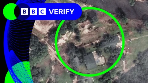 Annotated Maxar satellite image of Camp Mystic after deadly Texas flood