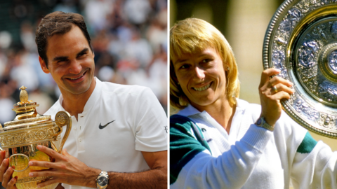 A split screen image of Roger Federer holding Wimbedon's men's trophy and Martina Navratilova holding the Wimbedon's women's trophy