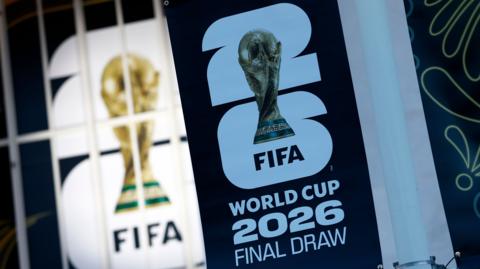 Official FIFA World Cup 2026 final draw posters outside the Kennedy Centre in Washington DC where the draw will be made