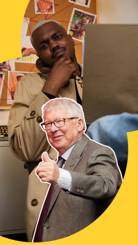 Karel poses in studio. A cutout of Sir Alex in foreground.