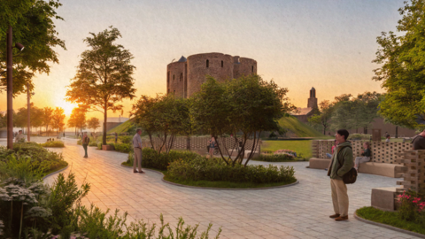 A computer generated image of a historic brick tower on a small hill. At the base of the tower is a paved area with beds cut out for plants and trees. Several figures are standing or seating in the area.