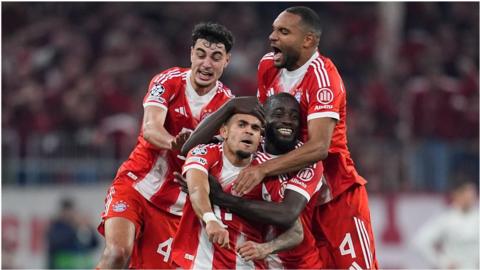 Luis Diaz of Bayern Munich celebrates a goal during the UEFA Champions League 2025/26 Quarter-Final Second Leg match between FC Bayern Munchen and Real Madrid CF at Allianz Arena
