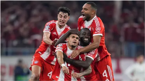  Luis Diaz of Bayern Munich celebrates a goal during the UEFA Champions League 2025/26 Quarter-Final Second Leg match between FC Bayern Munchen and Real Madrid CF at Allianz Arena