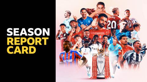 A BBC Sport graphic features the Premier League trophy, 20 players from different teams and the words 'Season report card'
