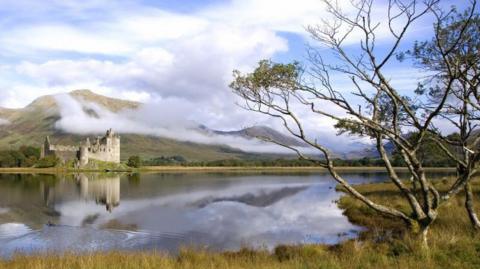 A view of Loch Awe looking towards Kilchurn Castle. The water is clear and is reflecting the sky, which is blue. There is a tree in the foreground on some long green grass.