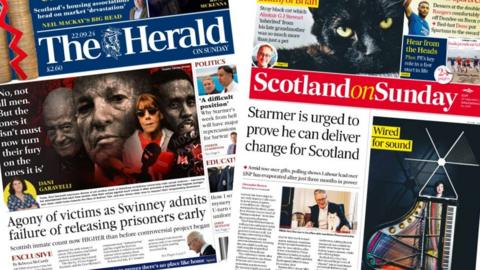 Composite image of the Herald, headlined 'Agony of victims as Swinney admits failure of releasing prisoners early' and Scotland on Sunday, headlined 'Starmer is urged to prove he can deliver change for Scotland'