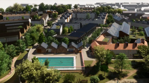 Architect's image of the plans for the Saxonvale site in Frome. It shows a swimming pool in the forefront and some houses in the background. 