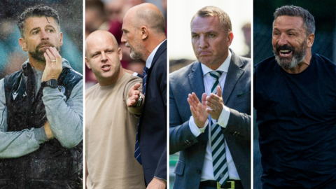 St Mirren's Stephen Robinson, Hearts' Steven Naismith, Rangers' Philippe Clement, Celtic's Brendan Rodgers and Kilmarnock's Derek McInnes