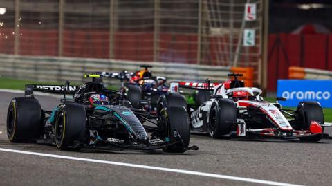 Kimi Antonelli leads Esteban Ocon and Max Verstappen on track during day two of the final pre-season test 