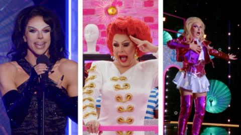 Split screen of three drag queens: Paige Three sings, La Voix salutes and Elle Vosque dances