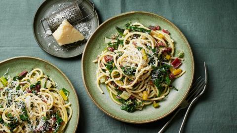 Spaghetti with chard, chilli and anchovies.