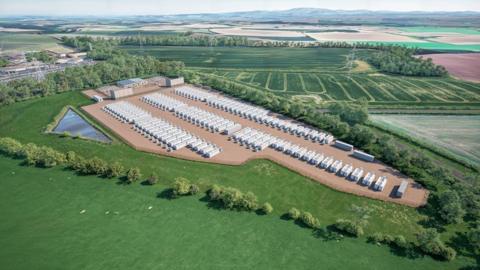 A computer-generated view of a battery energy storage system development with dozens of white block shaped units on a site in a very rural landscape next to a sub-station