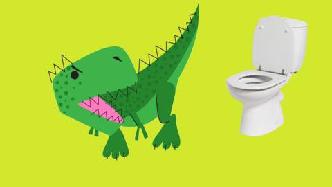 Cartoon dinosaur with a toilet.