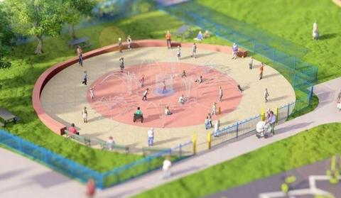 CGI illustration of children and adults using a circular water play area with various fountains ejecting water