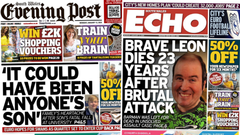 The front pages of the South Wales Evening Post and the South Wales Echo