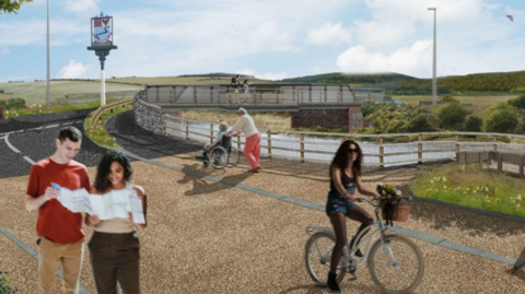 A computer generated image of a bridge over a river. Two people are crossing the bridge, while on one side two other people look at a map, a woman rides a bicycle, and a person pushes another person in a wheelchair.
