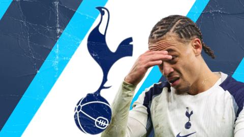 Xavi Simonds looking disappointed next to the Tottenham badge on a white and blue background. 