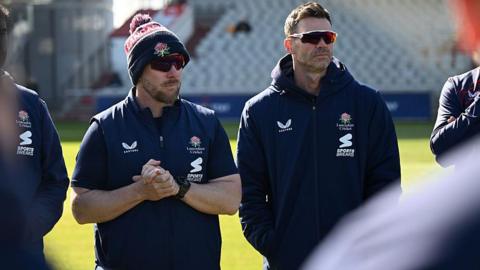 Lancashire captain James Anderson alongside coach Steven Croft ahead of day four of their County Cricket Championship match against Gloucestershire