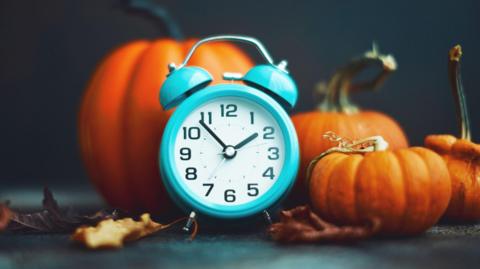 An alarm clock with orange pumpkins next to it