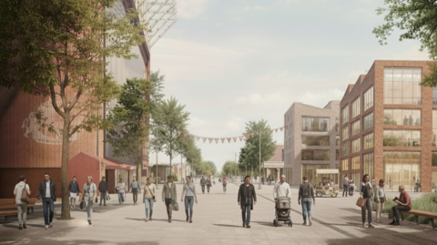 Artist's impression of what the site will look like next to the Stadium of Light. People are walking on path between block of flats on the right and stadium on the left. The sky is blue.